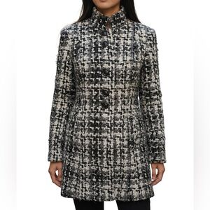 White House Black Market Houndstooth Boucle 3/4 Coat Cream Black